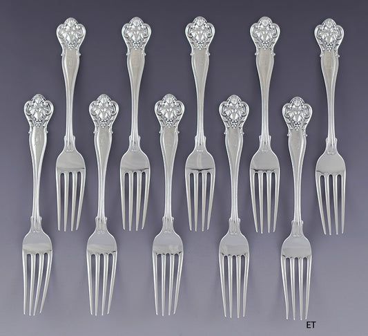 Fab set 10 Durgin Sterling Silver New Vintage Dinner Forks D Mono 7 1/2"