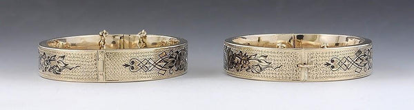 Stunning Pair Victorian 14k Gold Black Enamel Floral Hinged Bangle Bracelets