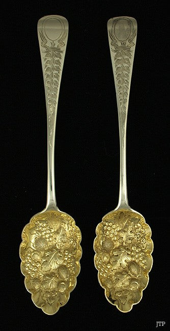Antique 1802 English Gold Wash Sterling Silver Hand Chased Fruit Serving Spoons