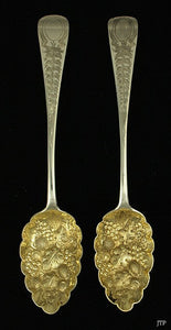 Antique 1802 English Gold Wash Sterling Silver Hand Chased Fruit Serving Spoons