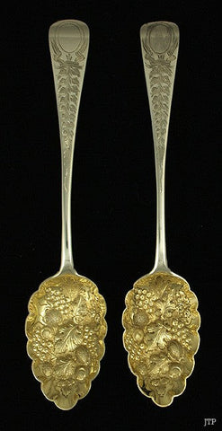 Antique 1802 English Gold Wash Sterling Silver Hand Chased Fruit Serving Spoons