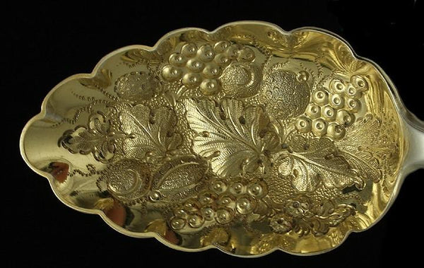 Antique 1802 English Gold Wash Sterling Silver Hand Chased Fruit Serving Spoons