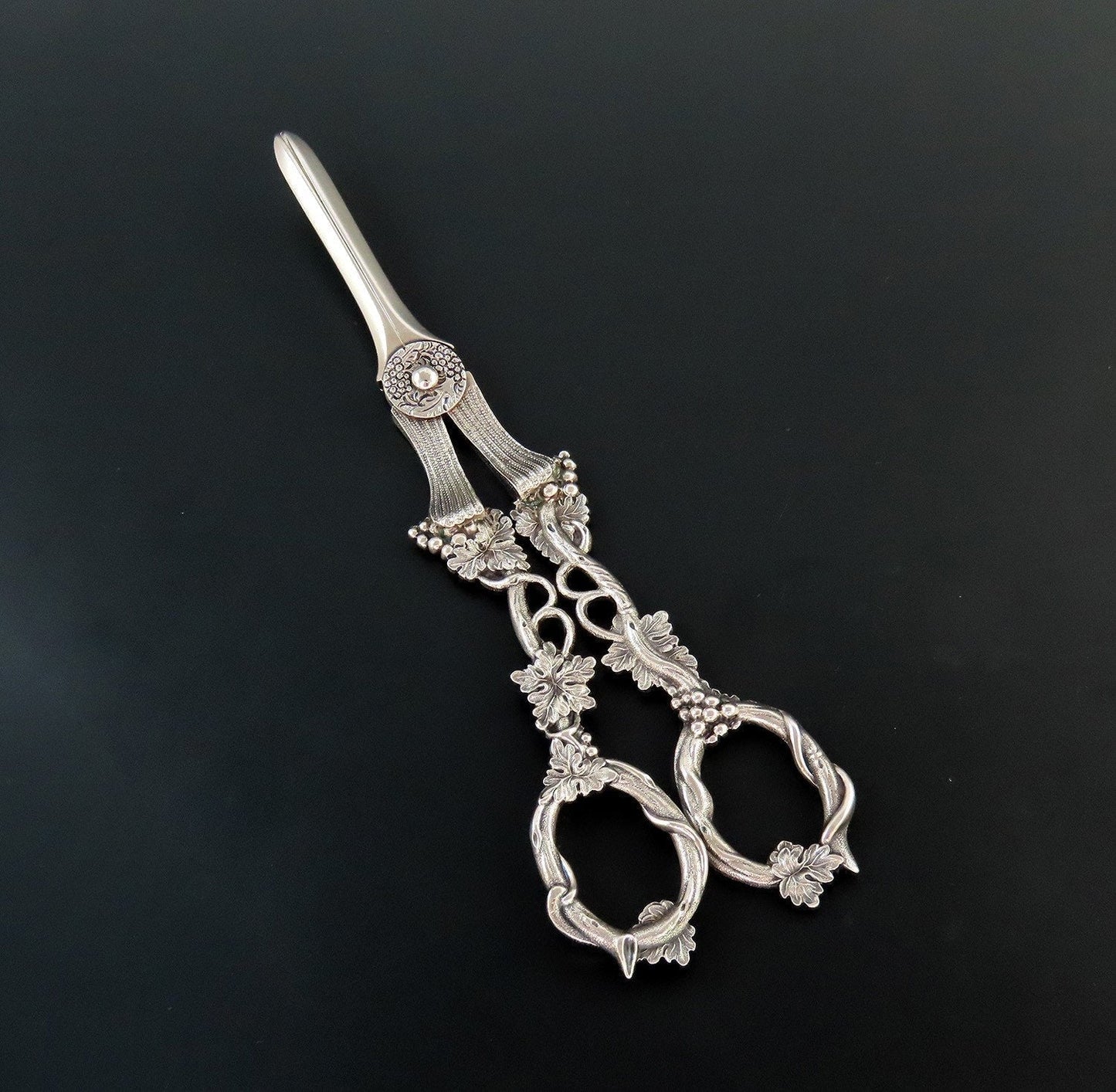 Great c 1845 Sterling Silver Grape Scissors High Relief Leaves 7 1/4"