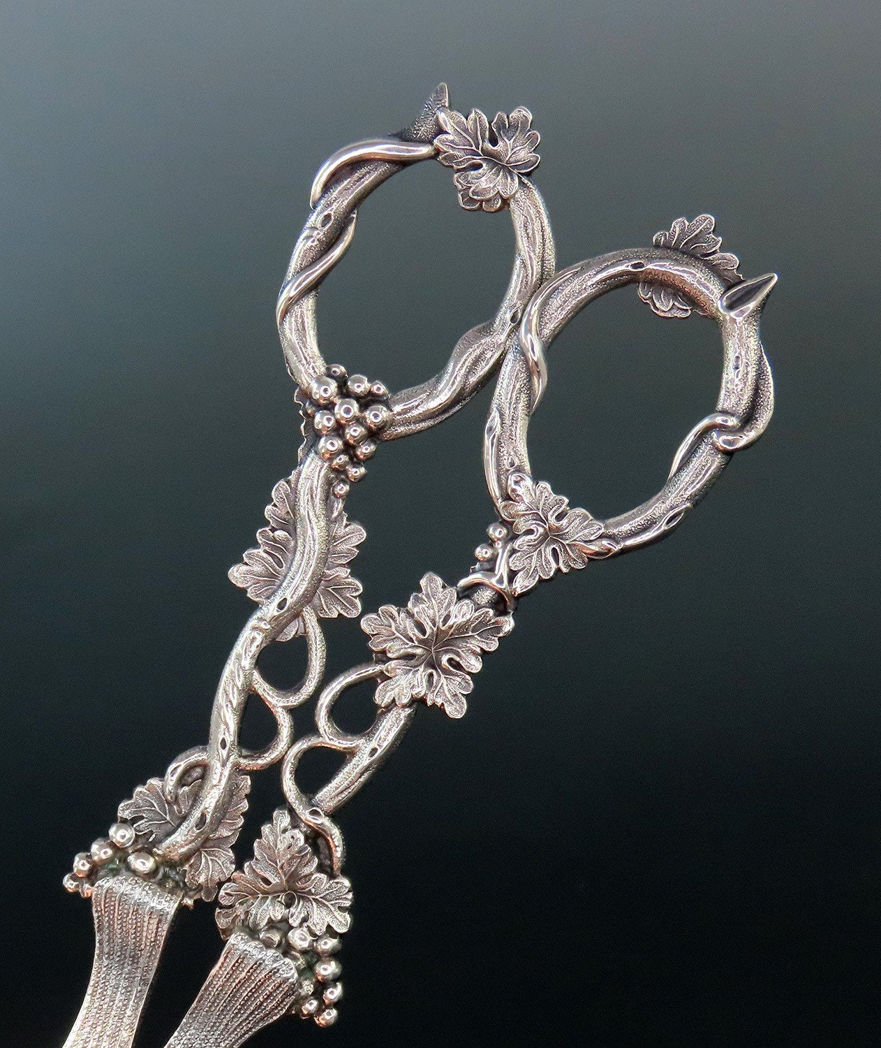 Great c 1845 Sterling Silver Grape Scissors High Relief Leaves 7 1/4"