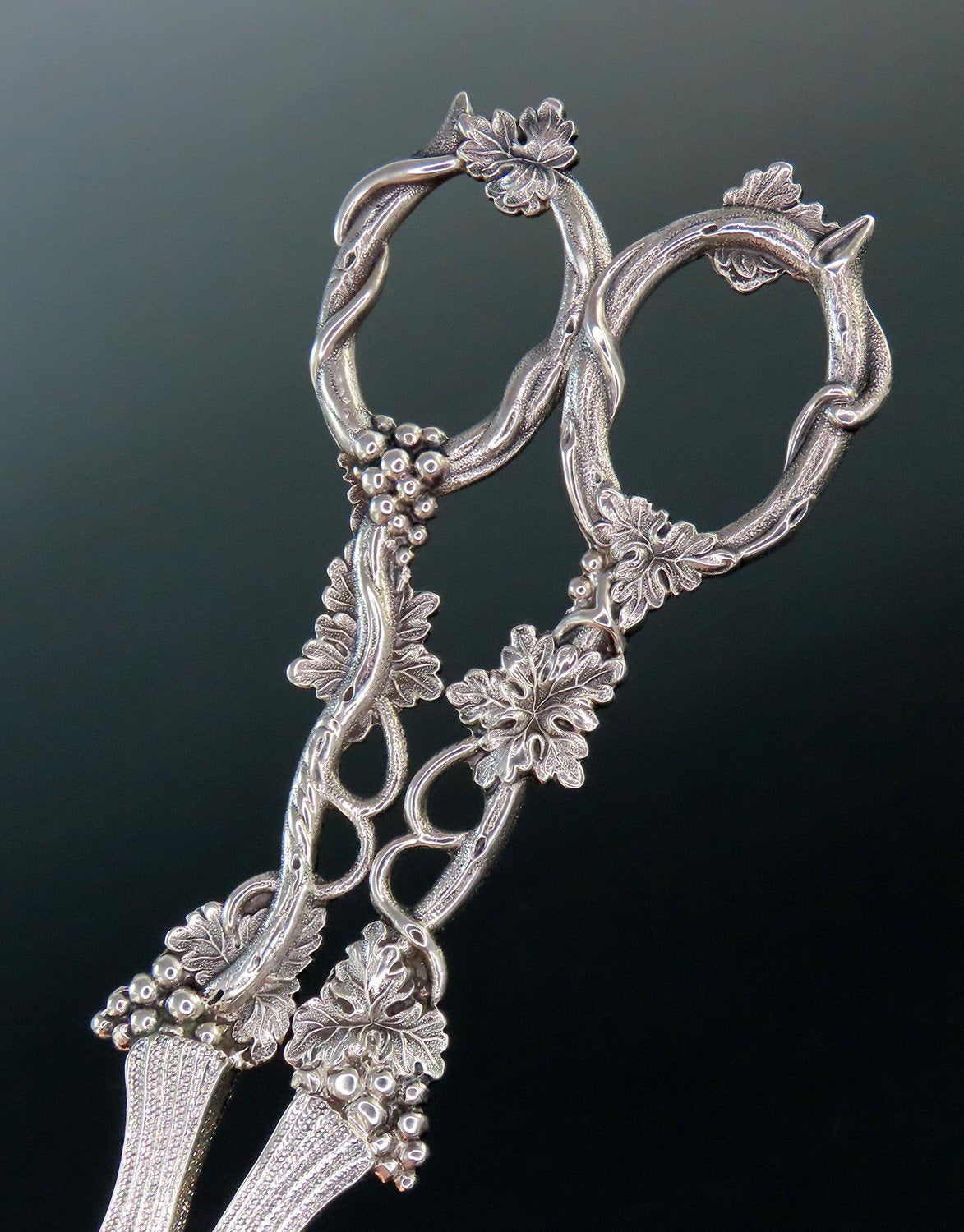 Great c 1845 Sterling Silver Grape Scissors High Relief Leaves 7 1/4"