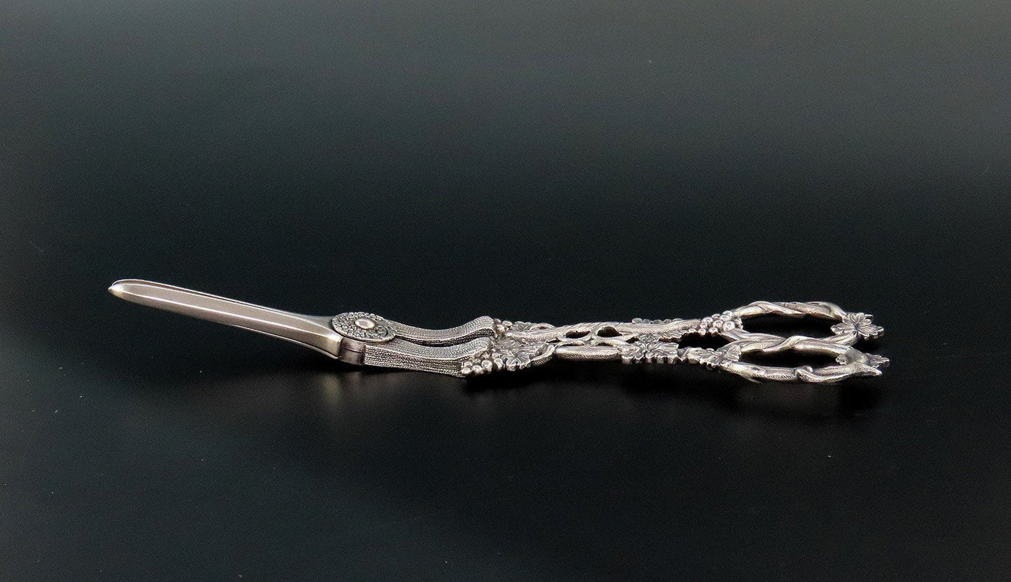 Great c 1845 Sterling Silver Grape Scissors High Relief Leaves 7 1/4"