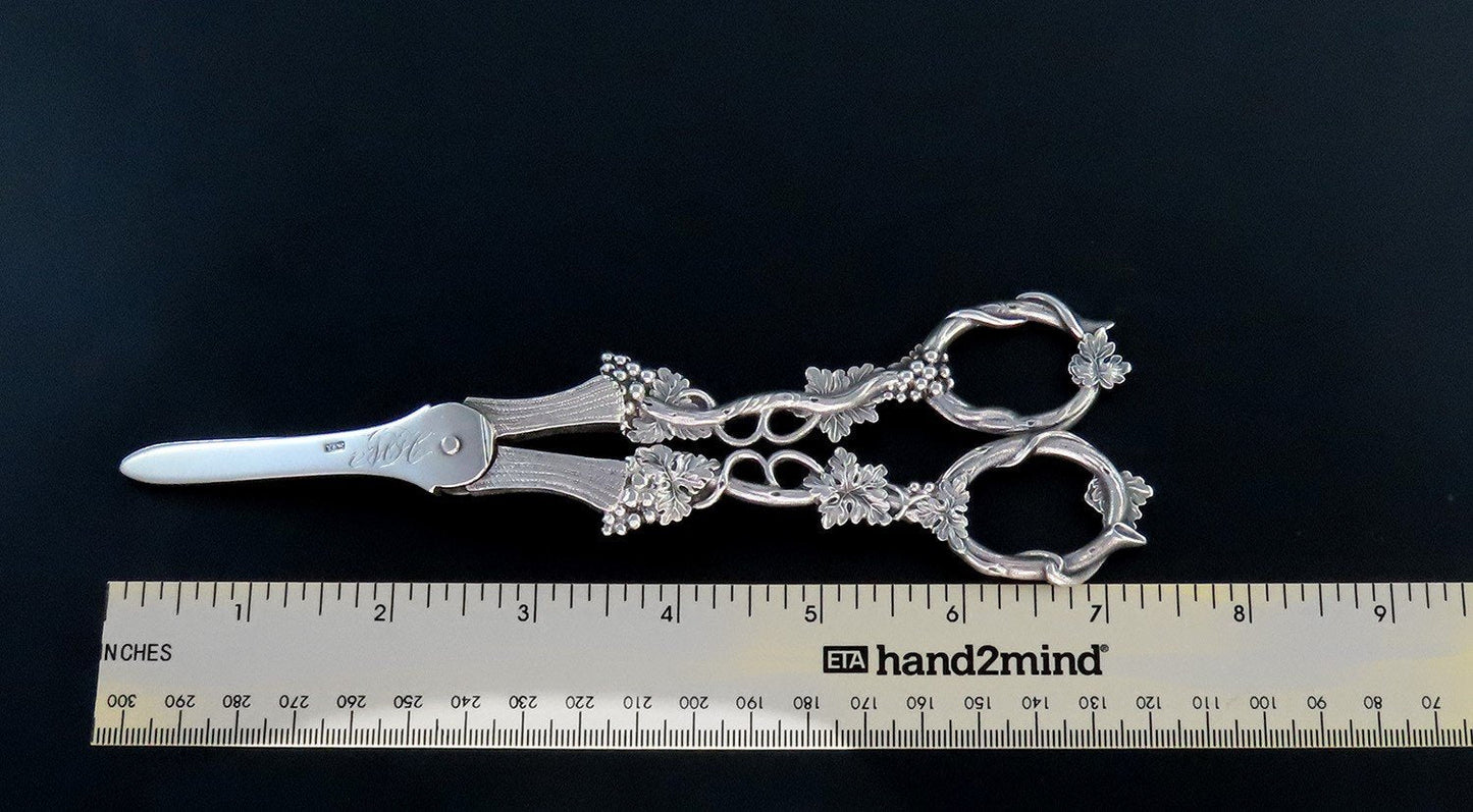 Great c 1845 Sterling Silver Grape Scissors High Relief Leaves 7 1/4"