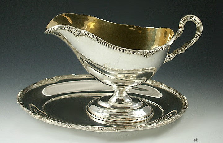 Antique German Silver Threaded Edge Gravy Sauce Boat w/ Under Plate