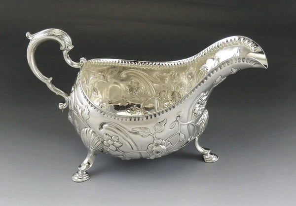 Antique c1760 Irish Sterling Silver Hand Chased Gravy/Sauce Boat 9"