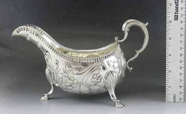 Antique c1760 Irish Sterling Silver Hand Chased Gravy/Sauce Boat 9"