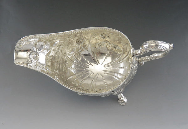 Antique c1760 Irish Sterling Silver Hand Chased Gravy/Sauce Boat 9"