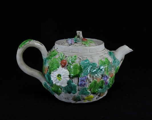 Antique 1800s Japanese Banko Colorful Pottery Fruit Flowers Basket Form Teapot