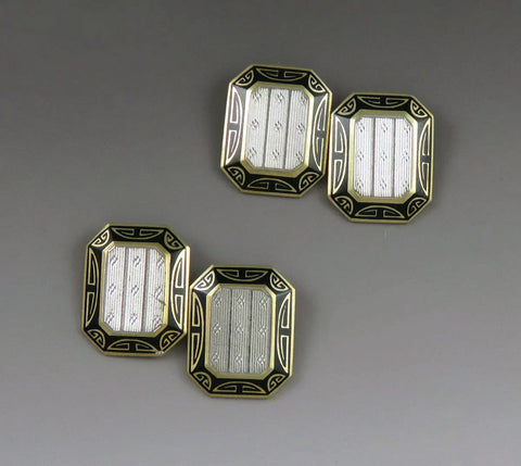 Antique American Art Deco c1920 14K Gold Platinum Enamel Greek Key Cufflinks