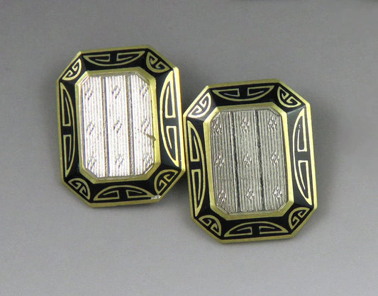 Antique American Art Deco c1920 14K Gold Platinum Enamel Greek Key Cufflinks