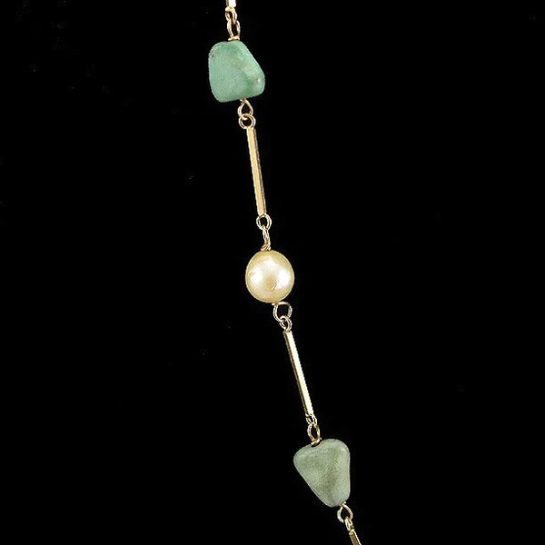 Modern 18k Yellow Gold Pearl and Green Turquoise 24 inch Necklace Italy