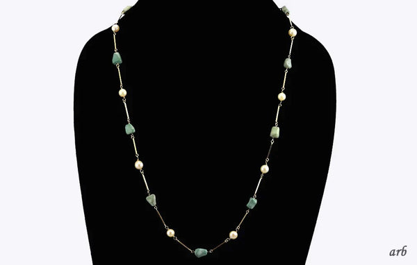 Modern 18k Yellow Gold Pearl and Green Turquoise 24 inch Necklace Italy