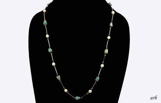 Wonderful Modern 18k Yellow Gold Pearl and Green Turquoise Necklace Italy