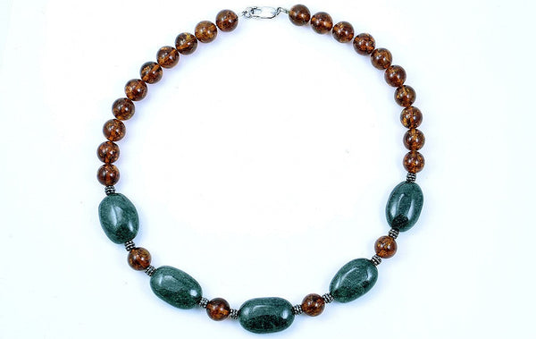 Elegant Sterling Silver Beaded Necklace w/ Green stones and Round Amber Beads