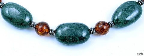 Elegant Sterling Silver Beaded Necklace w/ Green stones and Round Amber Beads