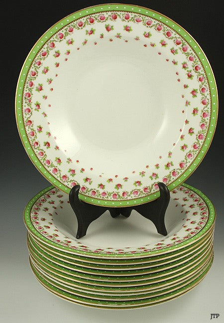 12 Vintage English George Jones Jeweled Porcelain Floral Soup Bowls