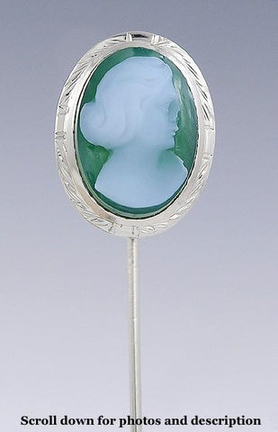 14k White Gold & Carved Green Sardonyx Cameo Stickpin