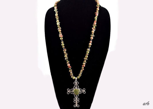 Delightful Long Necklace of Sterling Silver Cross w/ Green and Terracotta Agates