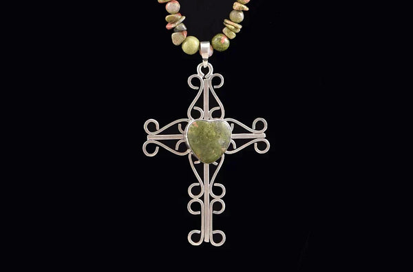 Delightful Long Necklace of Sterling Silver Cross w/ Green and Terracotta Agates