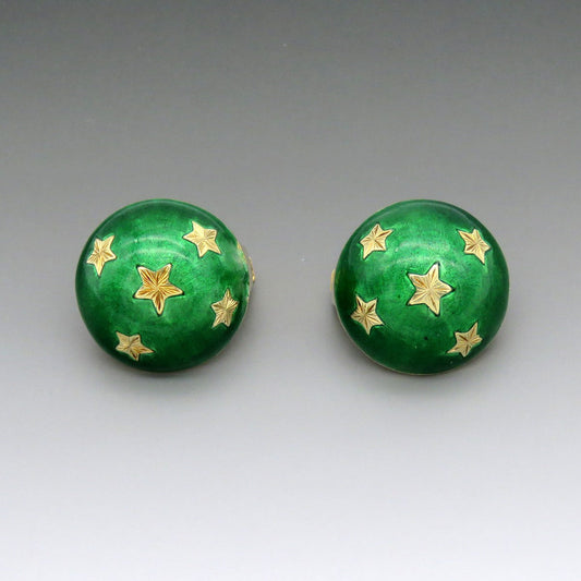 Gorgeous Pair VTG 18k Yellow Gold Green Enamel Star Dome Celestial Earrings