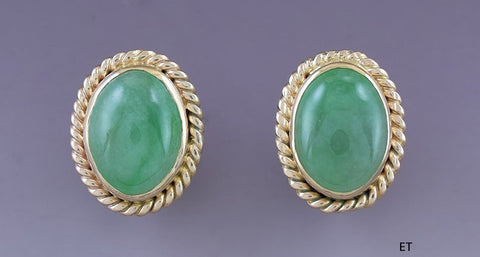 Fabulous Pair 14k Yellow Gold Green Jadeite Jade Stud Earrings Omega Back