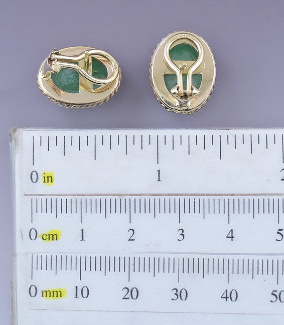 Fabulous Pair 14k Yellow Gold Green Jadeite Jade Stud Earrings Omega Back