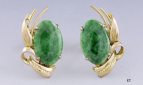 Lovely Vintage Pair of 14K Gold & Green Stone Leaf Design Earrings