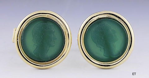 Classic Pair 14k Gold & Greco-Roman Intaglio Carved Green Onyx/Glass Cufflinks