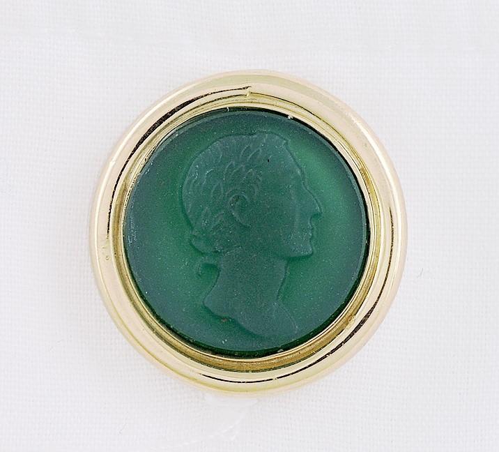 Classic Pair 14k Gold & Greco-Roman Intaglio Carved Green Onyx/Glass Cufflinks