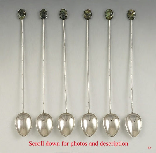 Set Of 6 Chinese Sterling Silver Jade Iced Tea Spoons With Bamboo Design Handle
