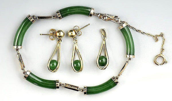 Elegant Jade Bracelet Earrings Pendant Matching 3 Piece Set Gold-Toned