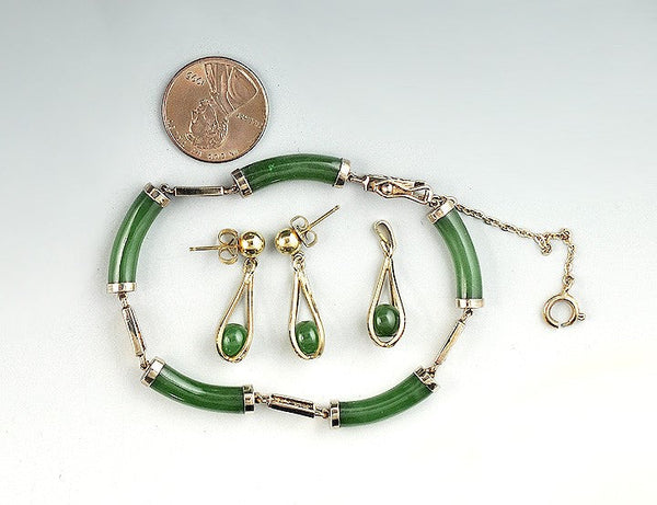 Elegant Jade Bracelet Earrings Pendant Matching 3 Piece Set Gold-Toned