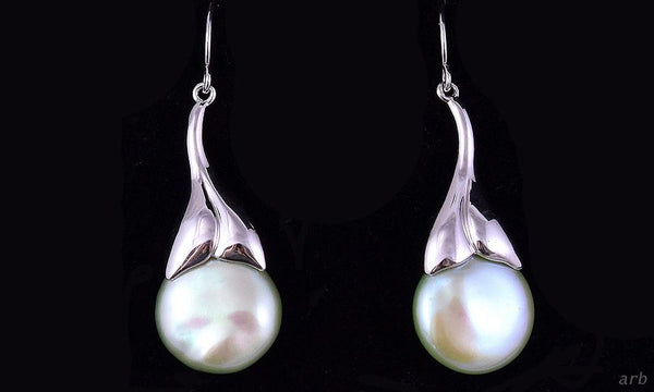 Lovely Sterling Silver Dangling Pierced Earrings w/ Dyed Green Blister Pearls