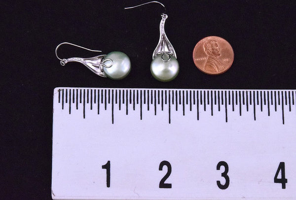 Lovely Sterling Silver Dangling Pierced Earrings w/ Dyed Green Blister Pearls