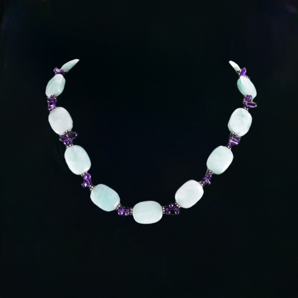 Lovely Light Green Polished Jade Amethyst Sterling Silver Bead Choker Necklace