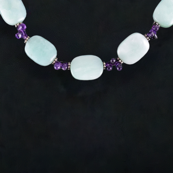 Lovely Light Green Polished Jade Amethyst Sterling Silver Bead Choker Necklace