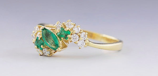 Beautiful 18k Gold Triple Emerald & Diamond Ring