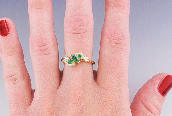 Beautiful 18k Gold Triple Emerald & Diamond Ring