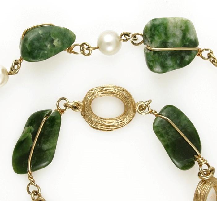 Gold-Toned Bracelet and Choker Necklace Genuine Green Jade and Pearl