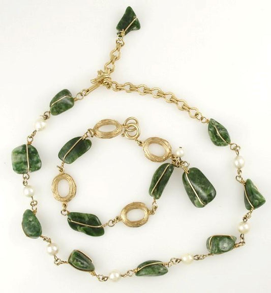 Gold-Toned Bracelet and Choker Necklace Genuine Green Jade and Pearl