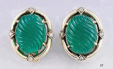 Gorgeous Pair 14k Gold Diamond & Green Chalcedony Earrings