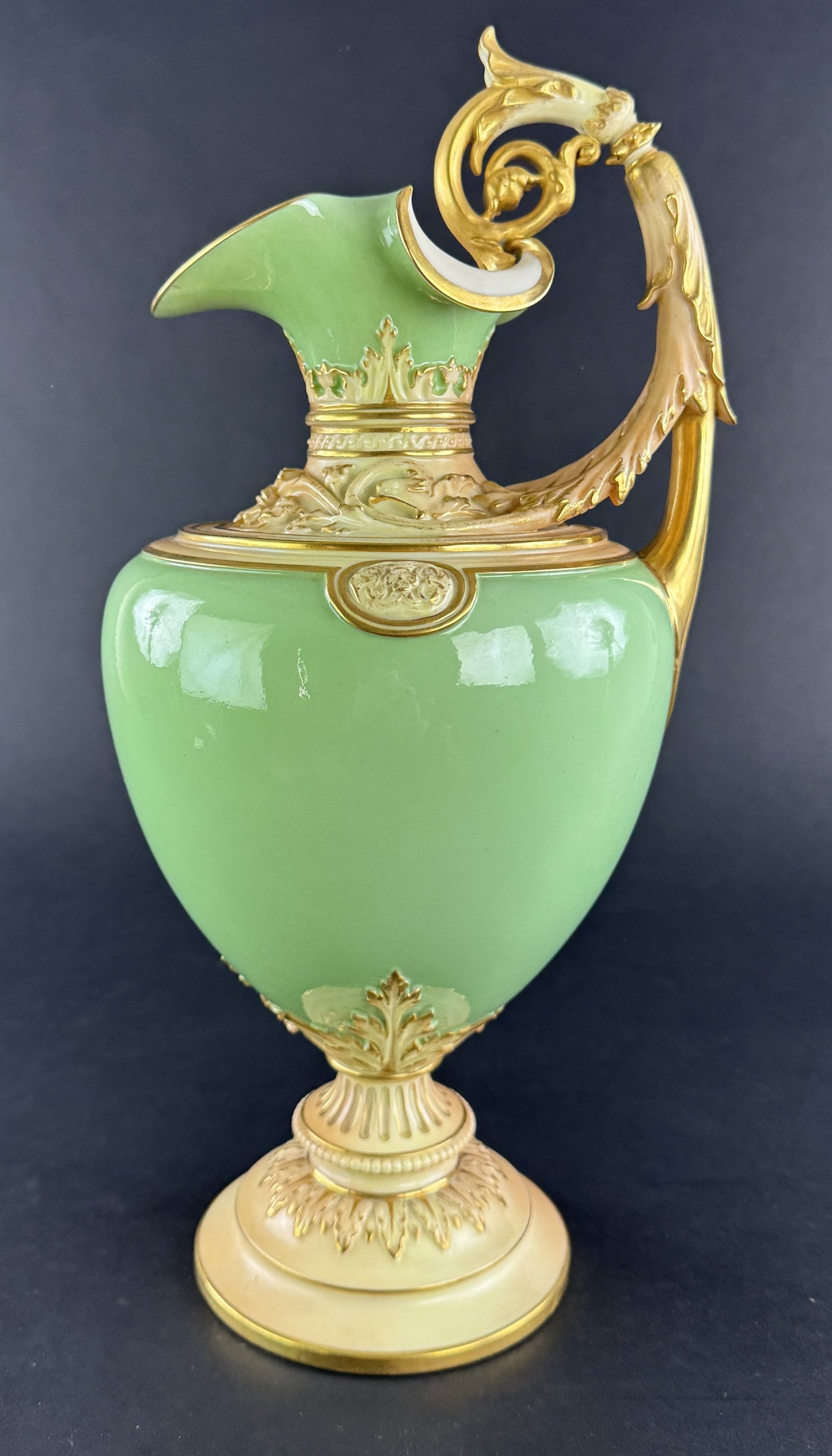 Superb 1894 Royal Worcester Green Gold 16" Ewer Pitcher Vase Tudor Rose Mark