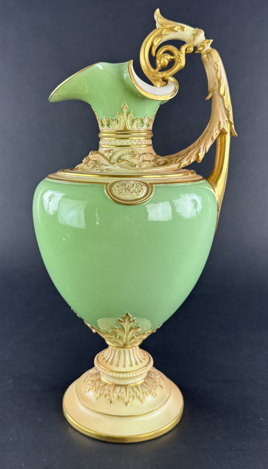 Superb 1894 Royal Worcester Green Gold 16" Ewer Pitcher Vase Tudor Rose Mark