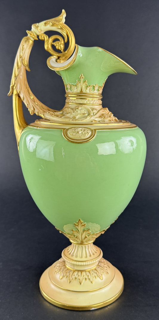 Superb 1894 Royal Worcester Green Gold 16" Ewer Pitcher Vase Tudor Rose Mark