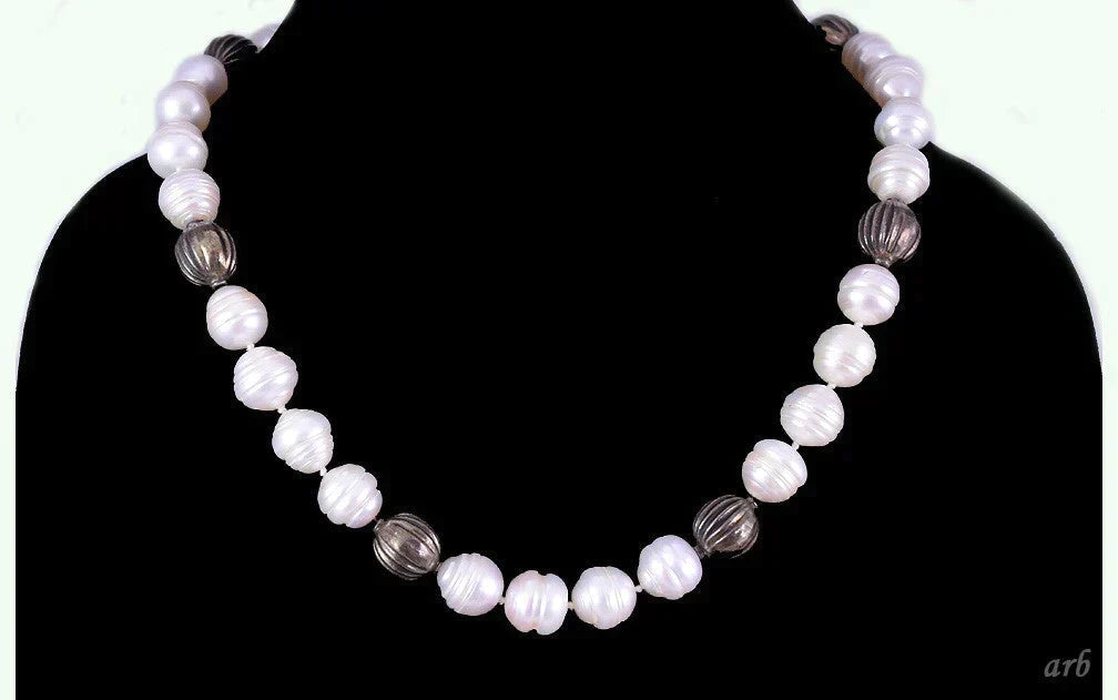 Fun Collar Style Necklace w/ Real Ridged Pearls and Silvery Beads