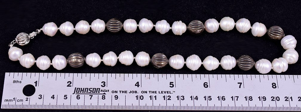 Fun Collar Style Necklace w/ Real Ridged Pearls and Silvery Beads